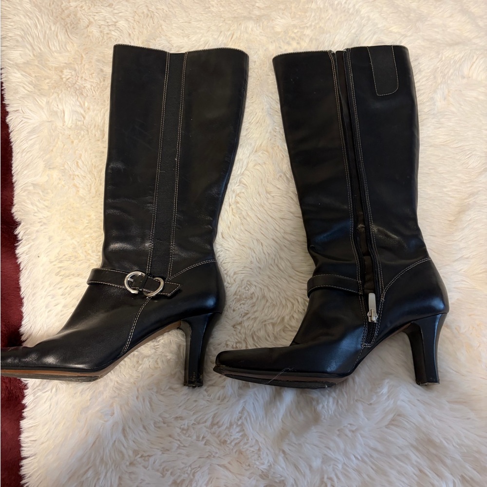 Anne Klein Black Leather Knee-High Heeled Boots with Buckle
